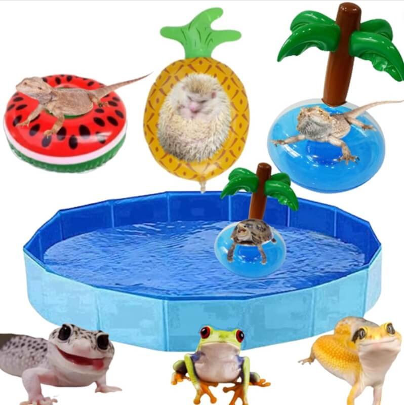 Small Animal Swimming Pool with Inflatable Float Set - Foldable Collapsible Bathing Cooling Pool Bath Tub Reptile Collar Ring for Lizard Amphibians Grooming Health Supplie (50x8cm(19.7x3.2))