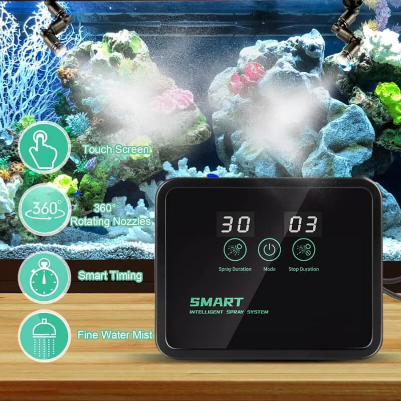 FOUDOUR Reptile Humidifiers Smart Misting System with Remote Control/Touch Screen reptile mister with Timer Low Noise 4PCS 360°Adjustable Misting Nozzles for Reptiles/Chameleons/Frog/Snake