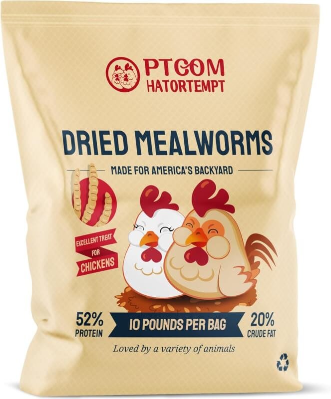 Hatortempt 10lbs Bulk Dried Mealworms - Premium Non-GMO Organic Chicken Feed, Nutritious High Protein Meal Worms- Food and Treats for Laying Hens, Wild Birds, Ducks, Reptiles, Fish, Hedgehogs, Turtles