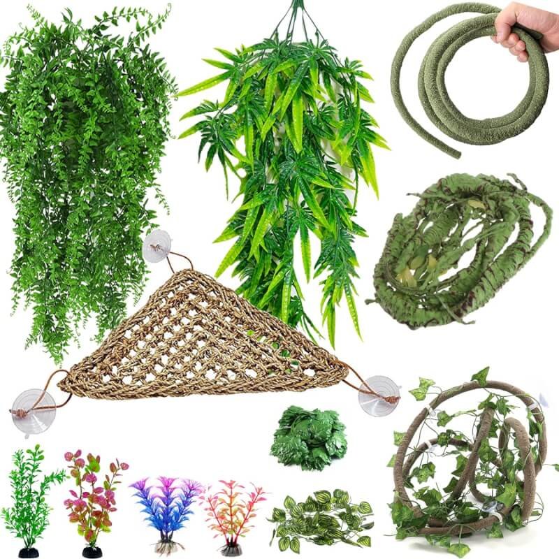 Mechpia 12 Pieces Bearded Dragon Tank Accessories, Reptile Hammock Plants and Vines Terrarium Branch Plants Habitat Decoration for Lizard Gecko Snake Hermit Crab