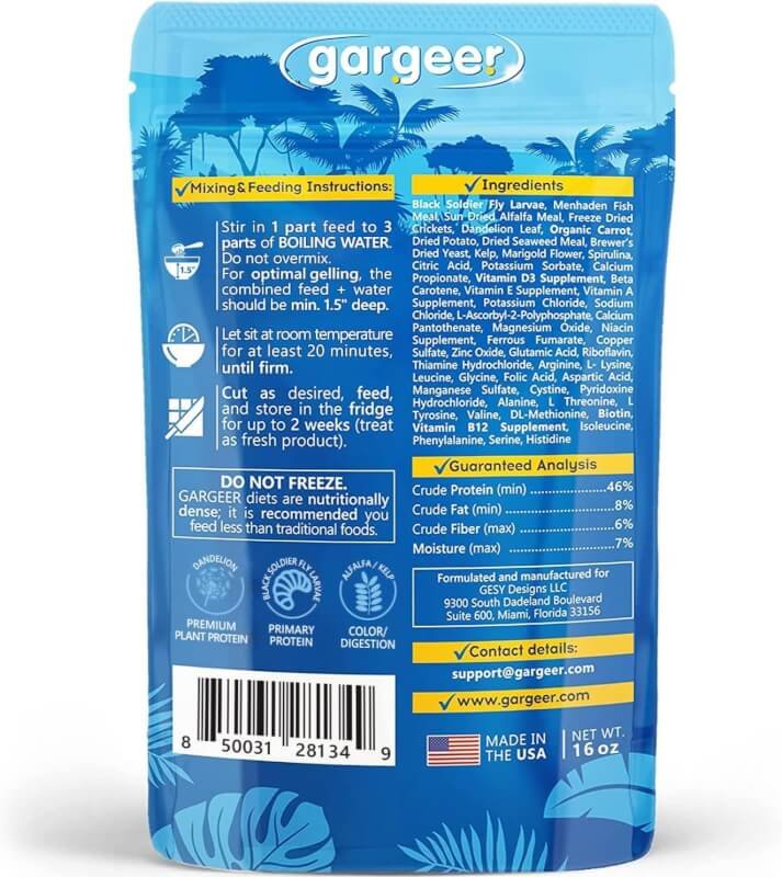 Gargeer 3oz Bearded Dragon Food. Complete Gel Diet for Both Juveniles and Adults. Proudly Made in The USA, Using Premium Ingredients, Fortified Gourmet Formula. Enjoy!