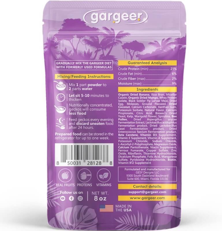 Gargeer 8oz Complete Crested Gecko Food Diet. Premium Mix, Ready to Use Freshly Made Powder. Unique Formula, Developed  Made in The USA. Enjoy! (Tropical + Insects Protein)